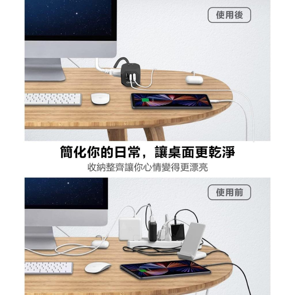 【北美品牌】Glolux 黑色延長線2.1M(7尺)流星錘 3面插座3孔3P插頭+2USB + 1Type-C(15W)-細節圖9