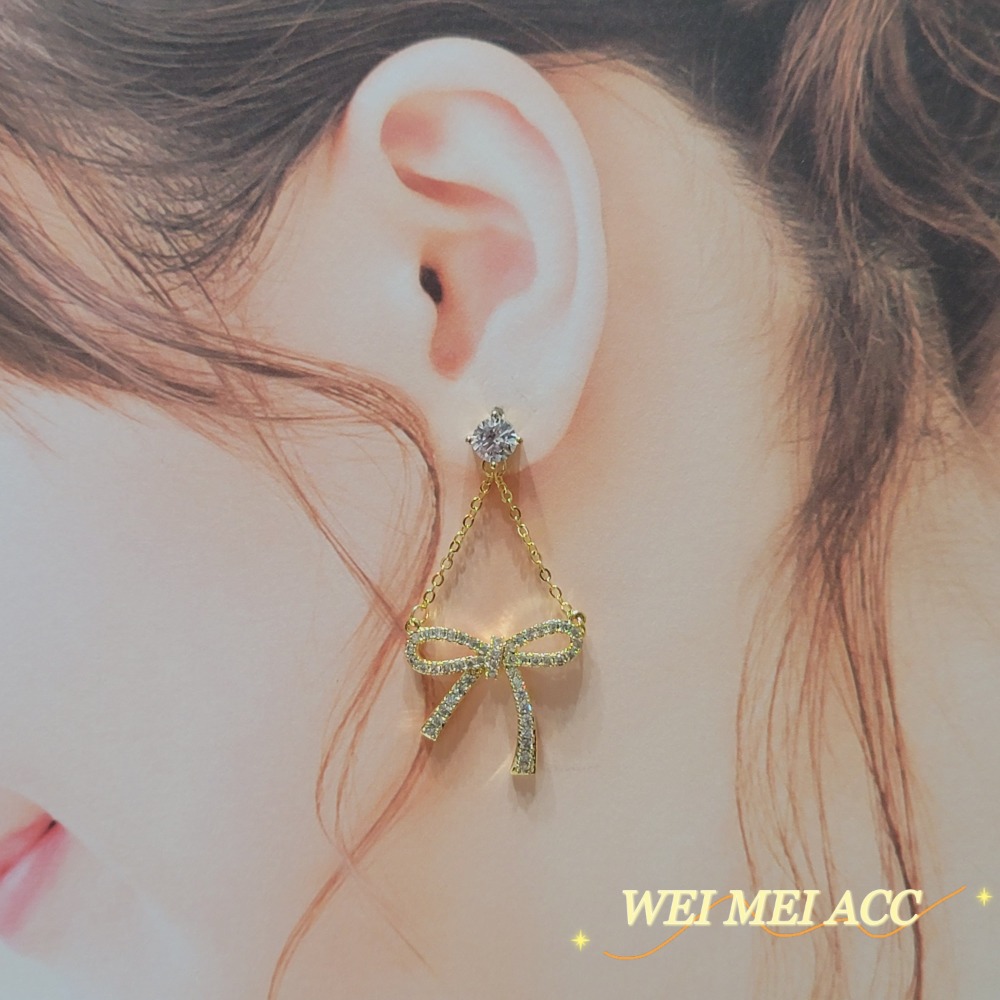 《惟美時尚飾品 • WEI MEI》微鑲鋯石甜美蝴蝶結垂墜耳環❤-細節圖6