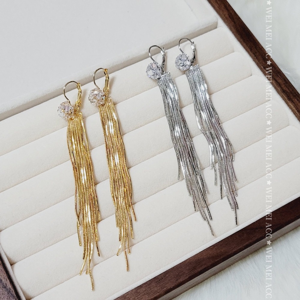 《惟美wei mei》O002閃耀鑽球簡約長流蘇耳扣耳環 修飾臉型 台灣現貨-細節圖3