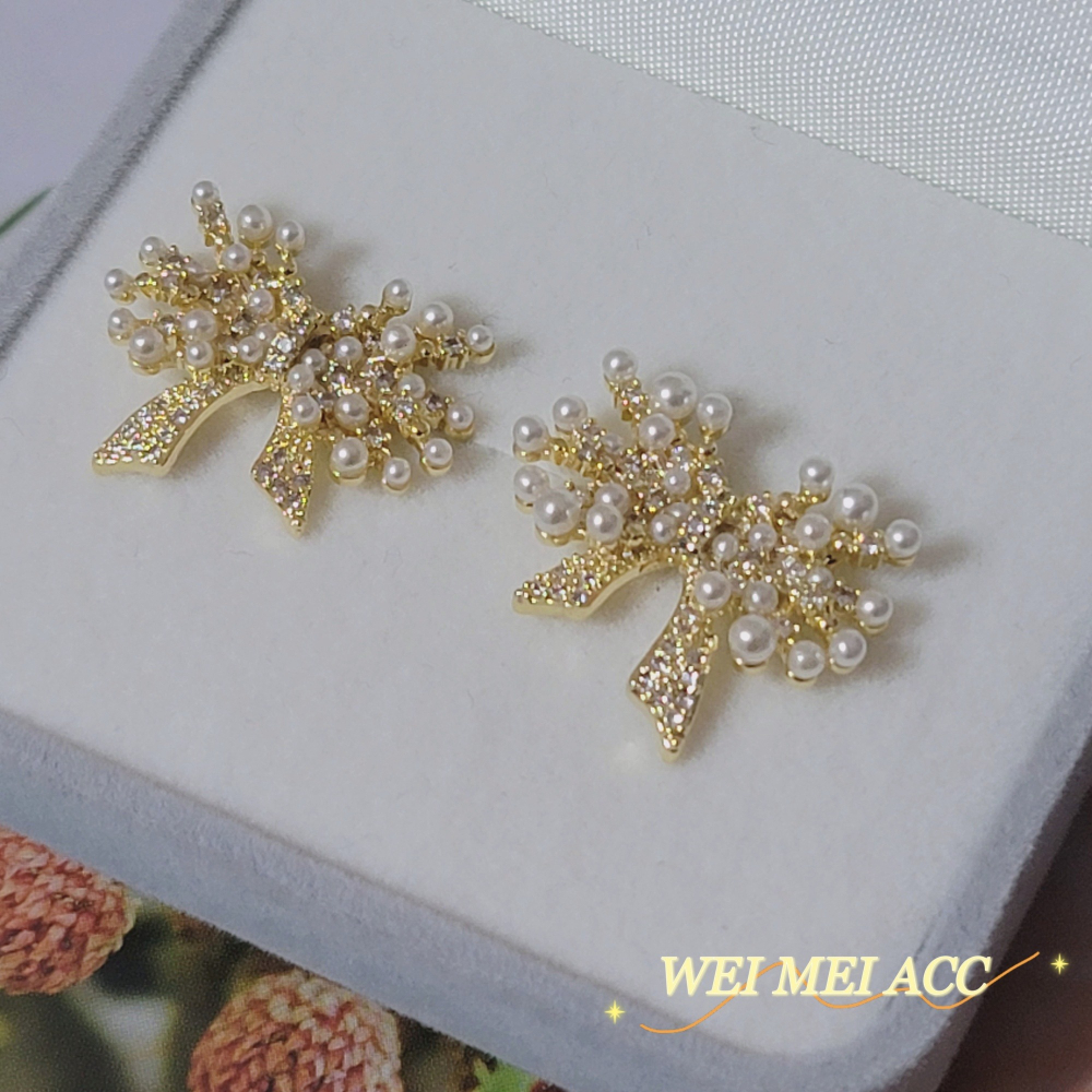 《惟美wei mei》A013法式典雅微鑲鋯石小米珠珍珠蝴蝶耳釘耳環 台灣現貨-細節圖2