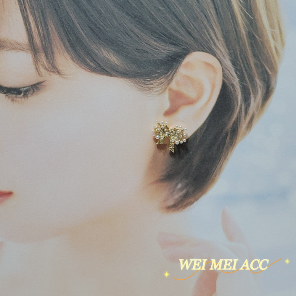 《惟美wei mei》A013法式典雅微鑲鋯石小米珠珍珠蝴蝶耳釘耳環 台灣現貨-細節圖4