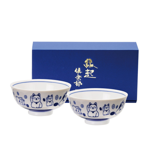 日本 美濃燒 藍染 招き猫茶碗 2入碗組