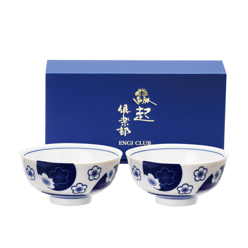日本 美濃燒 藍染 梅文 茶碗 2入碗組