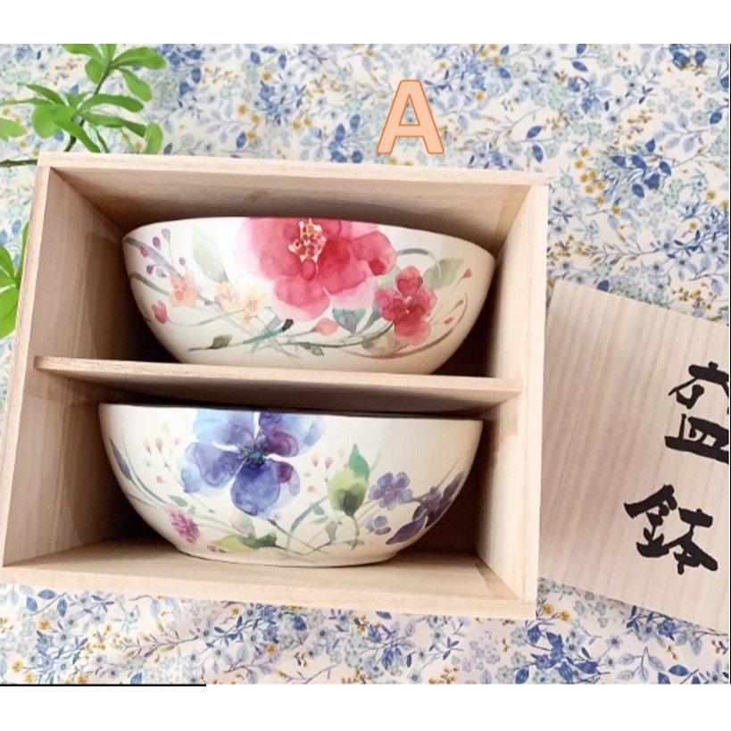 日本 美濃燒 木製盒裝 2入缽組(A.B.C)三種-細節圖2