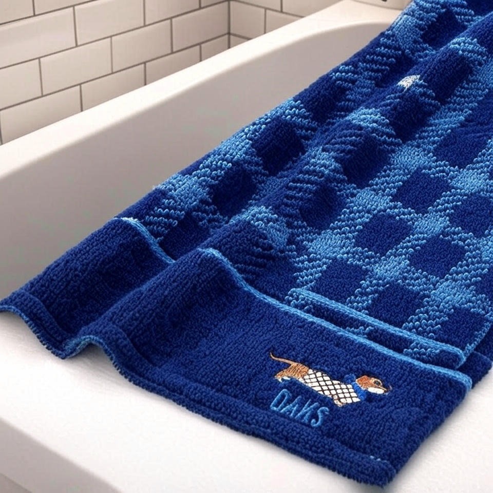 日本DAKS格子 臘腸狗刺繡 吸水柔棉 方巾(藍.米.黑)3色-細節圖4