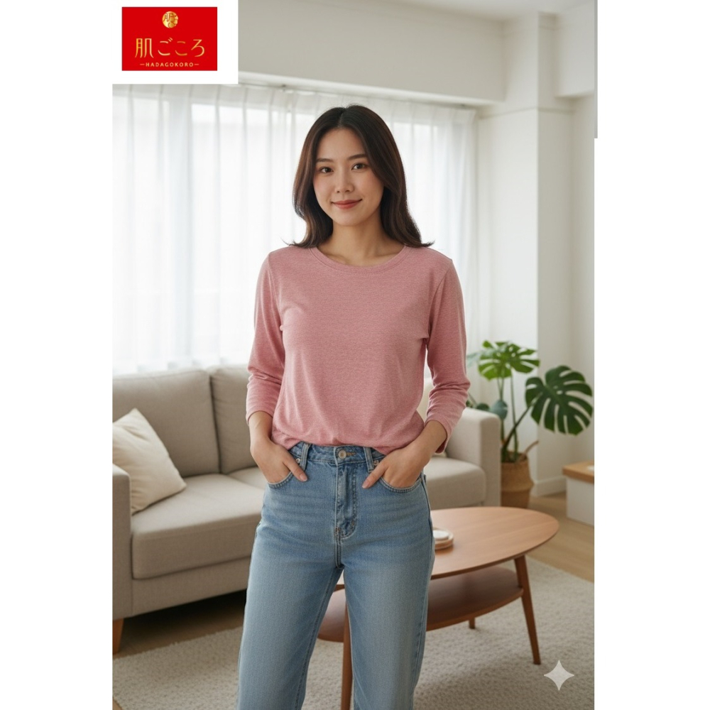 日本as 肌ごころ 有機棉混舒適 吸濕發熱 內搭衣(粉.紫.咖)三色-細節圖2