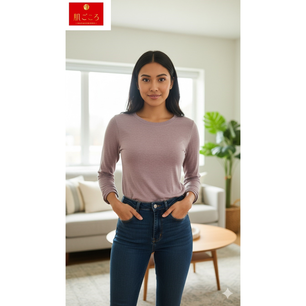 日本as 肌ごころ 有機棉混舒適 吸濕發熱 內搭衣(粉.紫.咖)三色-細節圖3