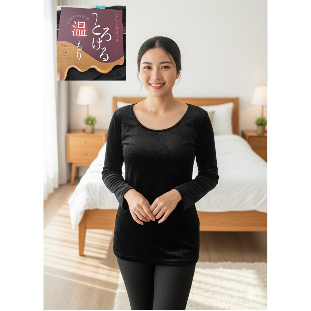 日本 白鷺 新觸感順滑絲絨 吸濕發熱 女發熱衣(黑.紫)兩色-細節圖4