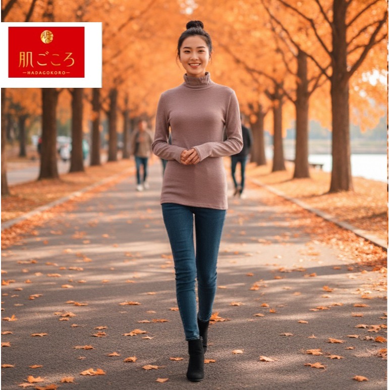 日本as 肌ごころ 立領有機棉混舒適 吸濕發熱 內搭衣(粉.紫.咖.白)4色-細節圖5