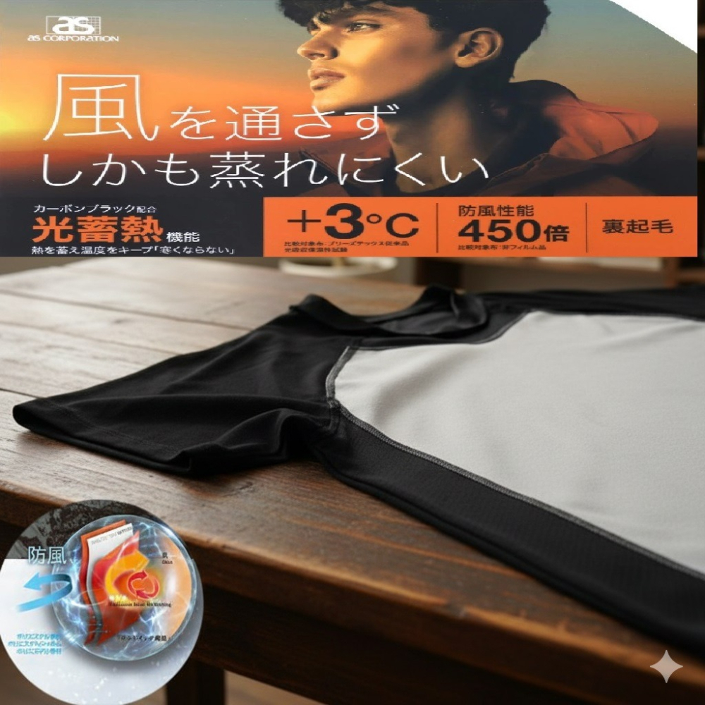 日本 AS BREEZE透濕防風膜 防風保暖高領長袖內搭(黑.灰)兩色-細節圖6