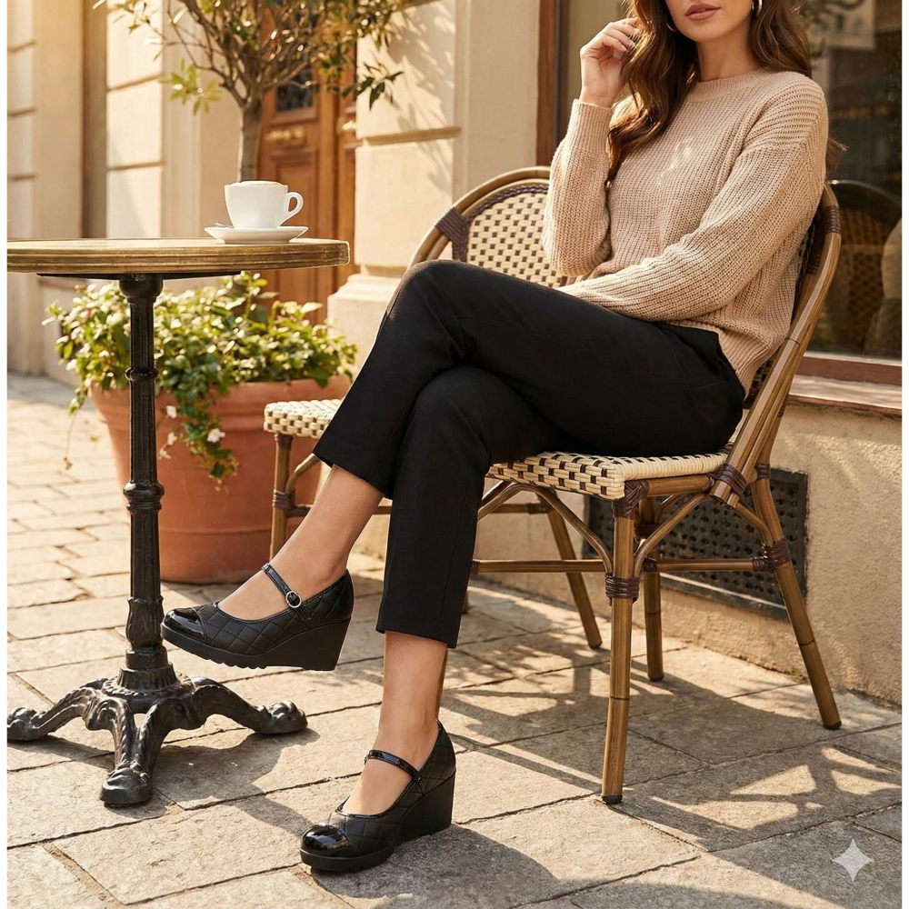 日本 FIRST CONTACT菱格車線時尚繫帶楔形厚底鞋-細節圖7