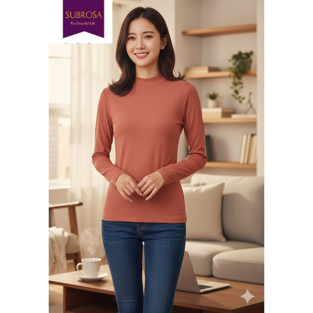 日本subrosa女立領吸濕發熱內著保暖發熱衣(黑.桃紅.條紋)三色-細節圖3