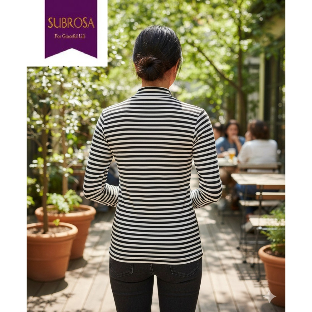 日本subrosa女立領吸濕發熱內著保暖發熱衣(黑.桃紅.條紋)三色-細節圖4