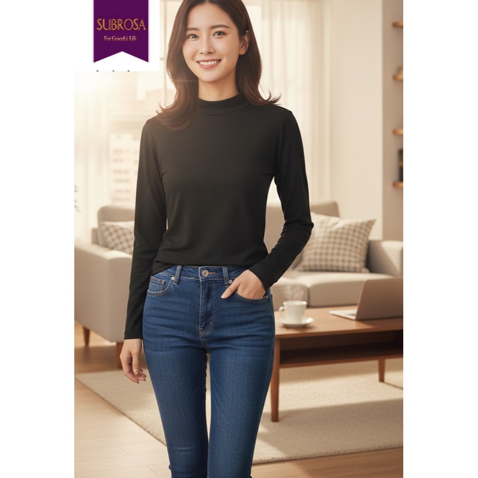 日本subrosa女立領吸濕發熱內著保暖發熱衣(黑.桃紅.條紋)三色-細節圖5