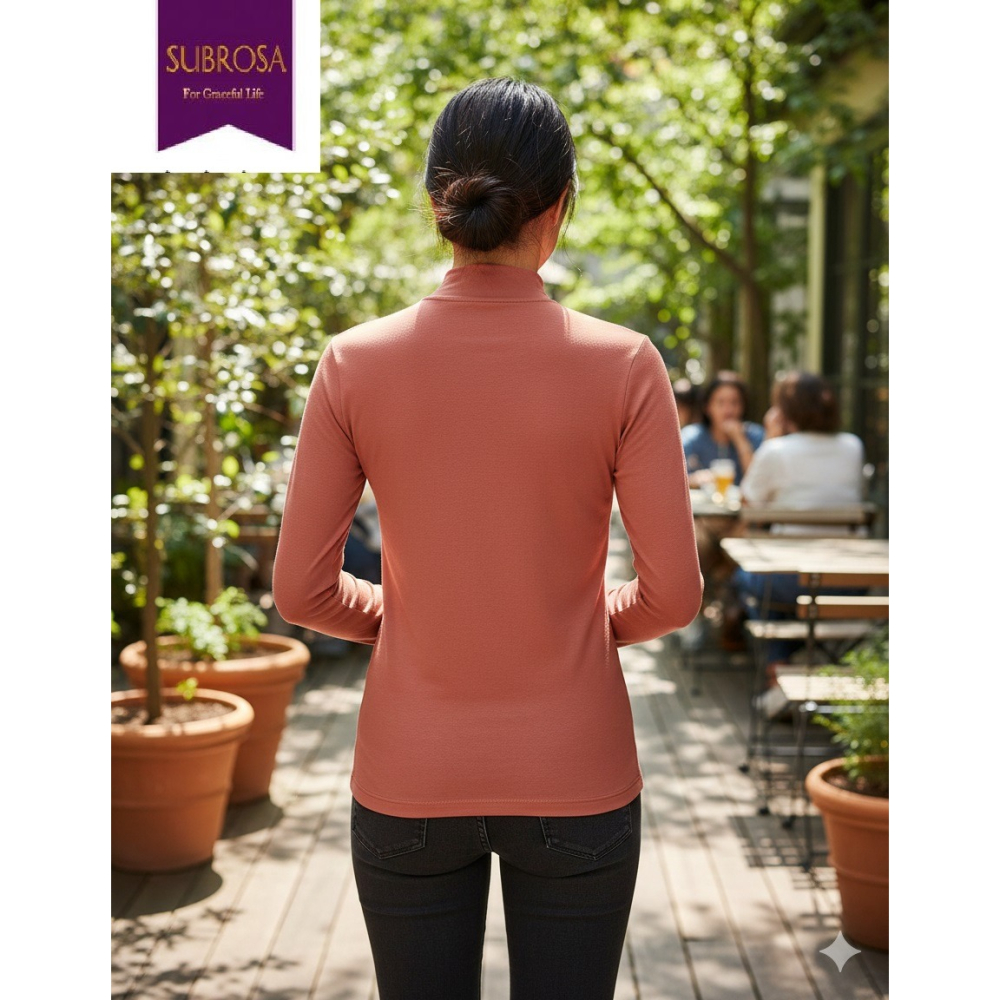 日本subrosa女立領吸濕發熱內著保暖發熱衣(黑.桃紅.條紋)三色-細節圖7