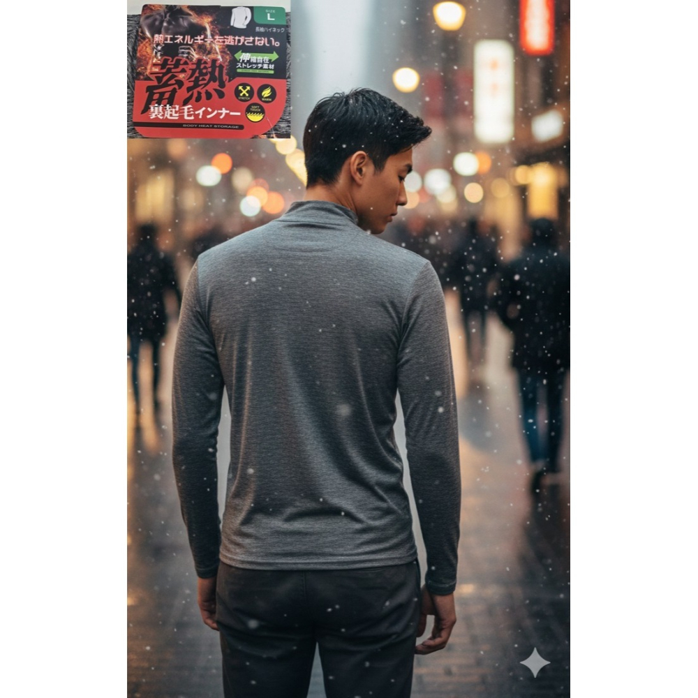 日本男高領 吸濕發熱 內刷毛 高彈力 發熱衣(灰.深灰)兩色-細節圖3