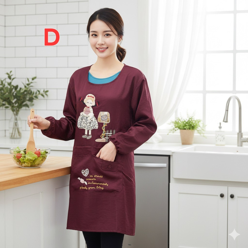 日本 鄉村風 長袖 防潑水 後綁 可機洗 收納口袋 後綁 圍裙(A.B.C.D.E)5組-細節圖2