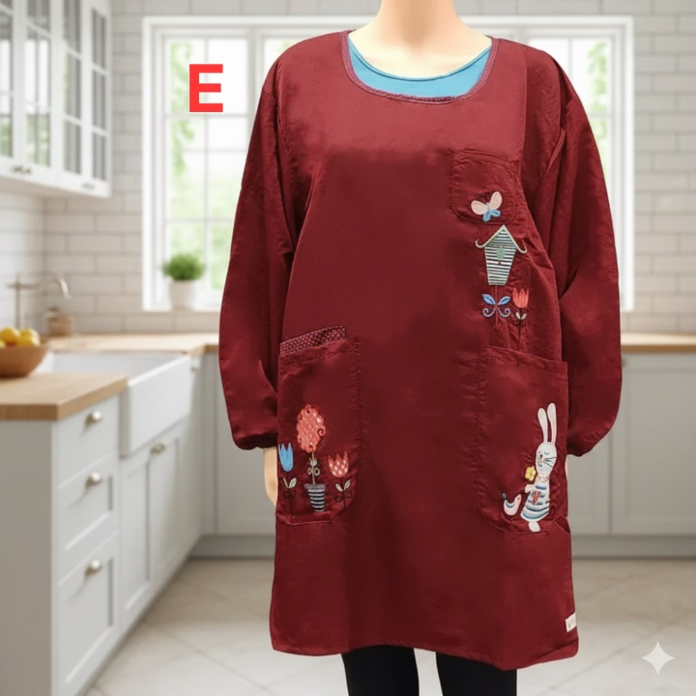 日本 鄉村風 長袖 防潑水 後綁 可機洗 收納口袋 後綁 圍裙(A.B.C.D.E)5組-細節圖3