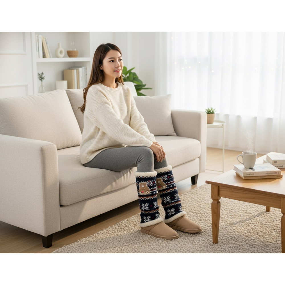 日本 Streamv雪花 內層柔暖絨毛 防寒抗冷厚款腿部保暖套(米.藍.黑)三色-細節圖7