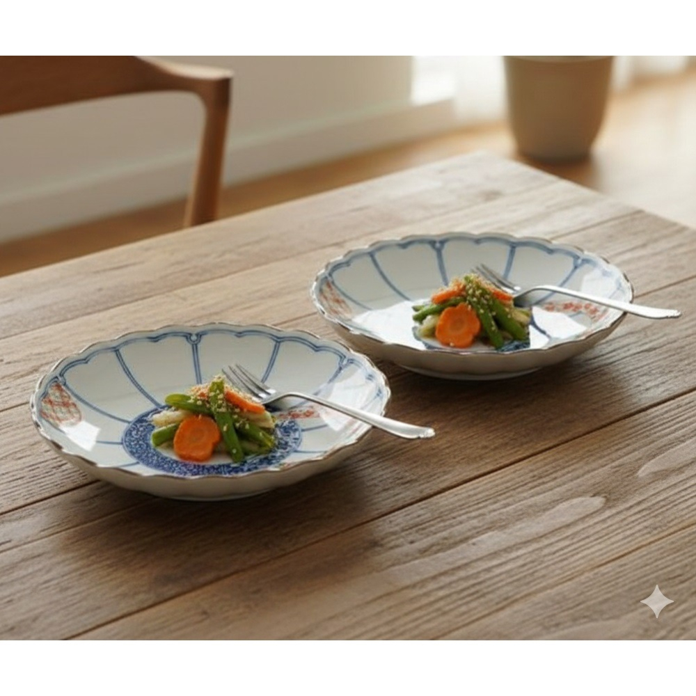 日本波佐見燒 職人手繪質感 染錦輪連結 菊型 2入盤-細節圖3