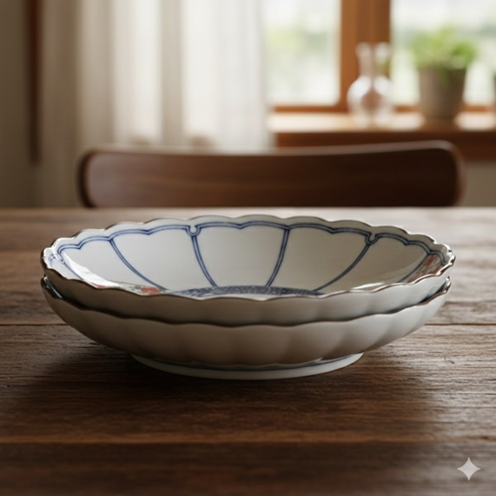 日本波佐見燒 職人手繪質感 染錦輪連結 菊型 2入盤-細節圖7