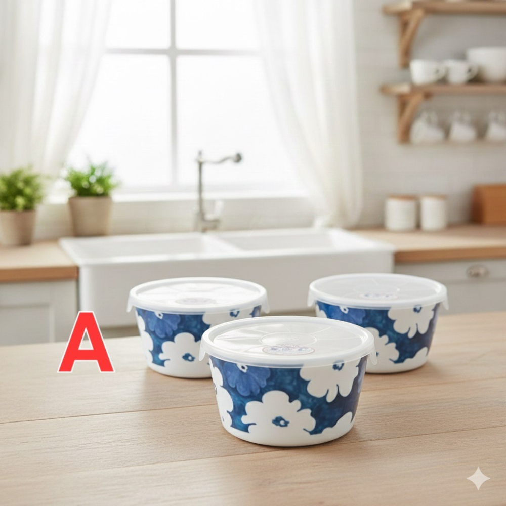 日本波佐見燒告別保鮮膜.微波.冷藏.附蓋保鮮陶瓷碗 3 入組(A.B)2種-細節圖3