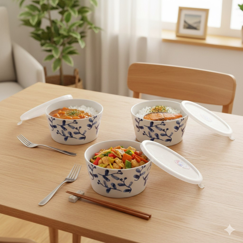 日本波佐見燒告別保鮮膜.微波.冷藏.附蓋保鮮陶瓷碗 3 入組(A.B)2種-細節圖5