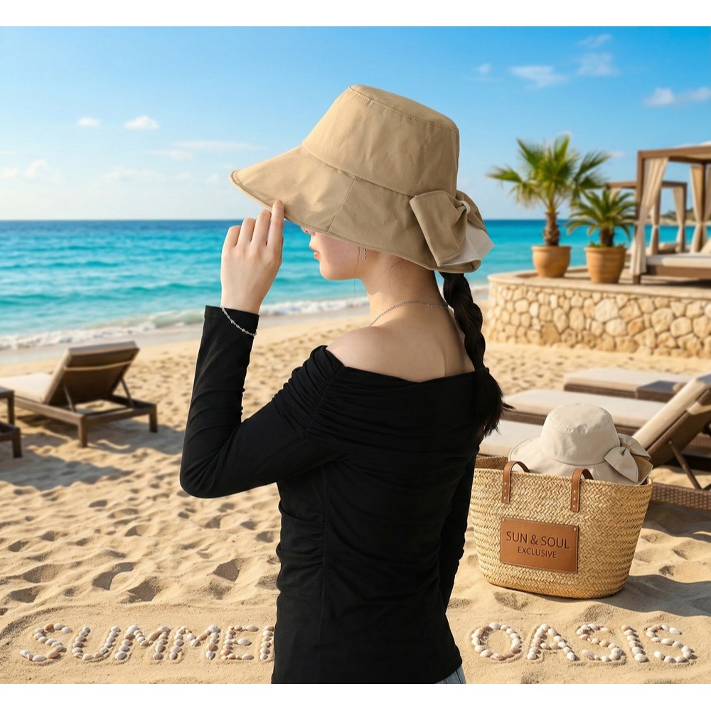 日本 BLUEEAST 2WAY寬大帽簷 顯瘦剪裁 附防風繩 蝴蝶結遮陽帽(咖.米)兩色-細節圖2