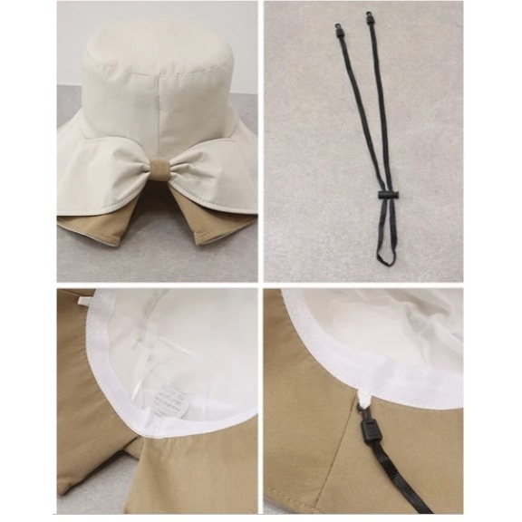 日本 BLUEEAST 2WAY寬大帽簷 顯瘦剪裁 附防風繩 蝴蝶結遮陽帽(咖.米)兩色-細節圖3