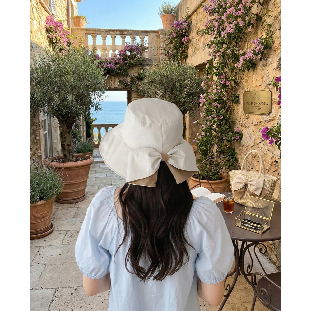 日本 BLUEEAST 2WAY寬大帽簷 顯瘦剪裁 附防風繩 蝴蝶結遮陽帽(咖.米)兩色-細節圖4
