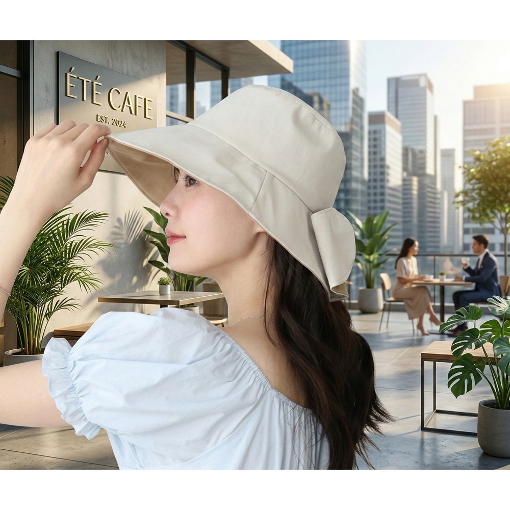 日本 BLUEEAST 2WAY寬大帽簷 顯瘦剪裁 附防風繩 蝴蝶結遮陽帽(咖.米)兩色-細節圖5