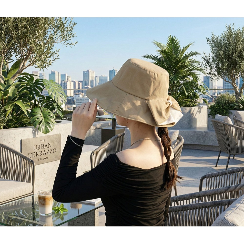 日本 BLUEEAST 2WAY寬大帽簷 顯瘦剪裁 附防風繩 蝴蝶結遮陽帽(咖.米)兩色-細節圖6