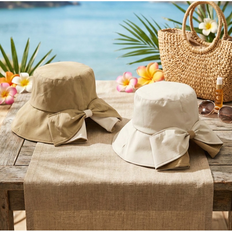 日本 BLUEEAST 2WAY寬大帽簷 顯瘦剪裁 附防風繩 蝴蝶結遮陽帽(咖.米)兩色-細節圖8