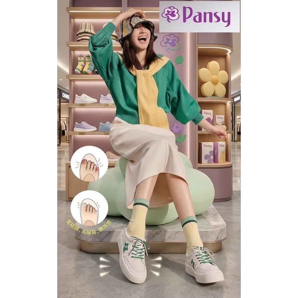 日本 Pansy涼感 透氣 輕便 簡約 百搭 加寬設計休閒鞋(綠花.紫花)兩色-細節圖2
