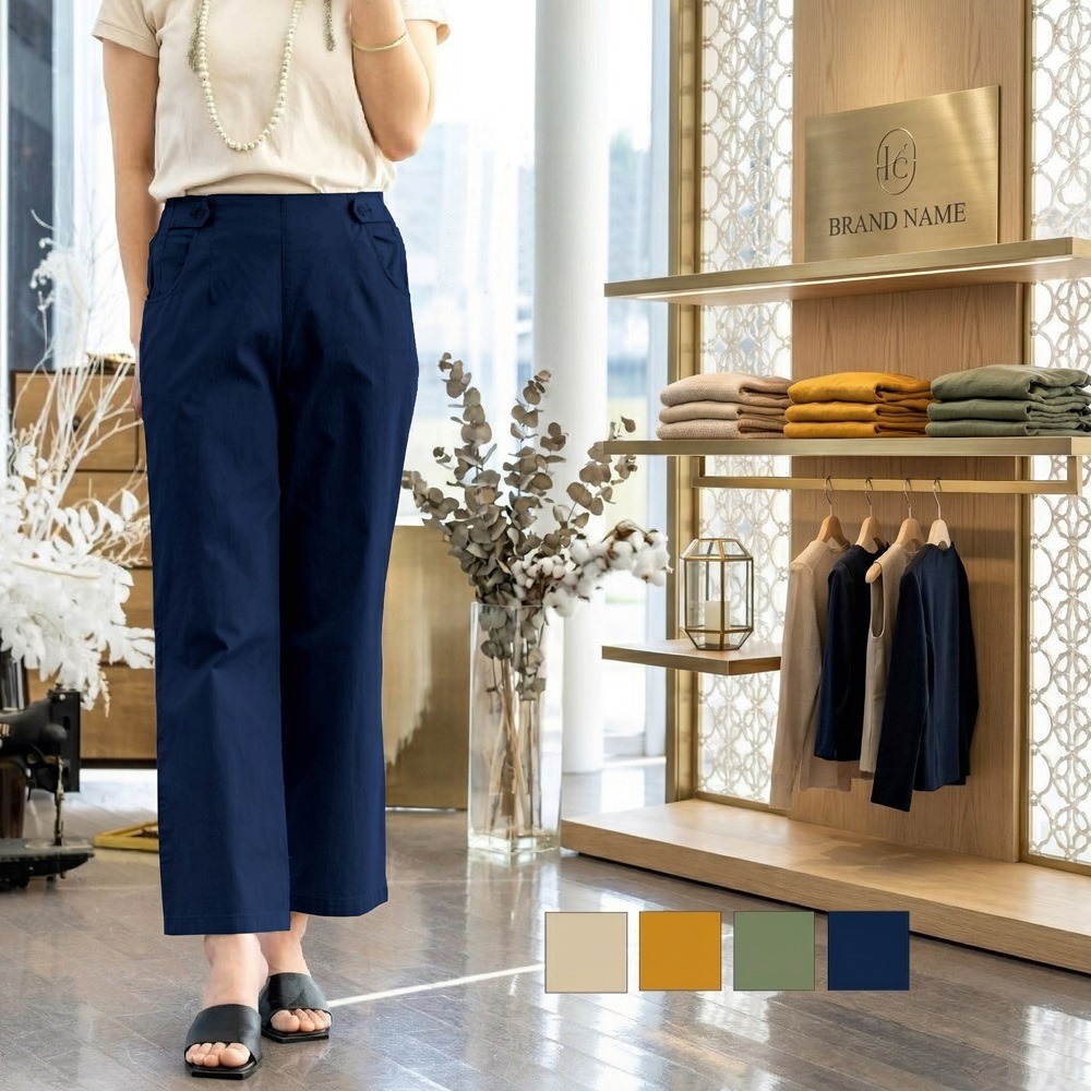 日本 佐々木要右衛門棉麻混紡腰頭修身後腰鬆緊彈性寬褲(藍.綠)兩色-細節圖2