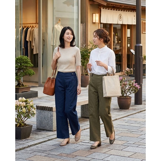 日本 佐々木要右衛門棉麻混紡腰頭修身後腰鬆緊彈性寬褲(藍.綠)兩色-細節圖4