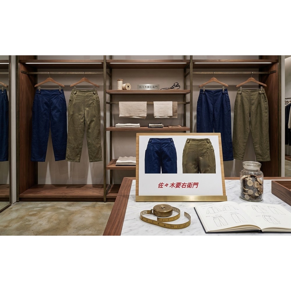 日本 佐々木要右衛門棉麻混紡腰頭修身後腰鬆緊彈性寬褲(藍.綠)兩色-細節圖5