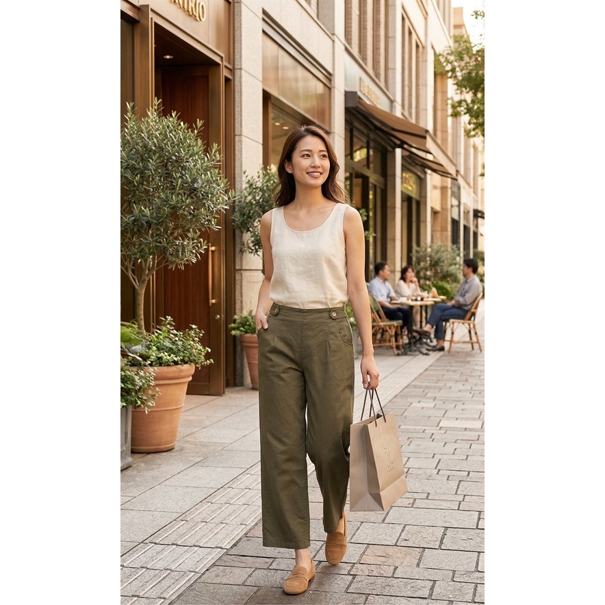 日本 佐々木要右衛門棉麻混紡腰頭修身後腰鬆緊彈性寬褲(藍.綠)兩色-細節圖6