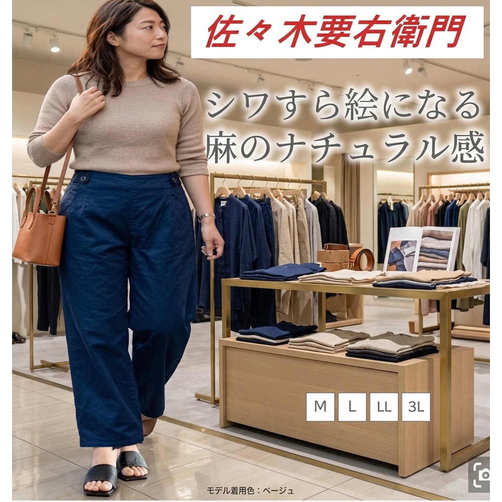 日本 佐々木要右衛門棉麻混紡腰頭修身後腰鬆緊彈性寬褲(藍.綠)兩色-細節圖7