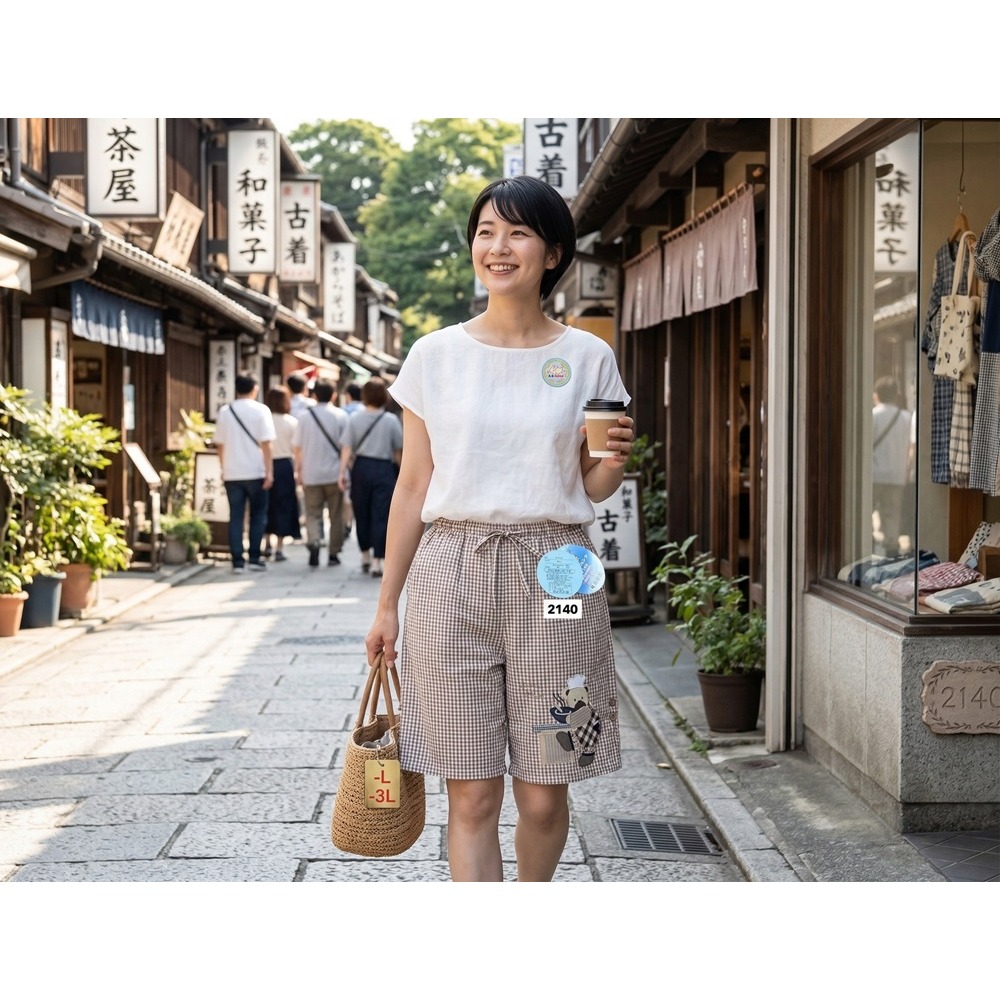 日本 格子鬆緊腰 棉麻透氣 百搭顯瘦 海灘 休閒短褲(A.B.C.D.E.F)6花色-細節圖3