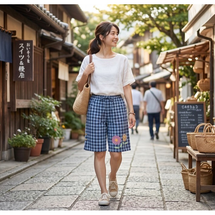日本 格子鬆緊腰 棉麻透氣 百搭顯瘦 海灘 休閒短褲(A.B.C.D.E.F)6花色-細節圖5