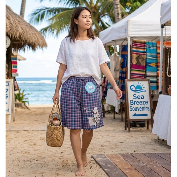 日本 格子鬆緊腰 棉麻透氣 百搭顯瘦 海灘 休閒短褲(A.B.C.D.E.F)6花色-細節圖6