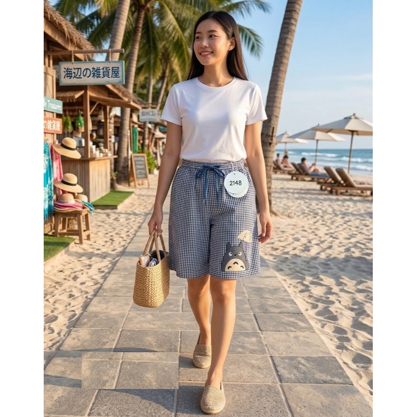 日本 格子鬆緊腰 棉麻透氣 百搭顯瘦 海灘 休閒短褲(A.B.C.D.E.F)6花色-細節圖7