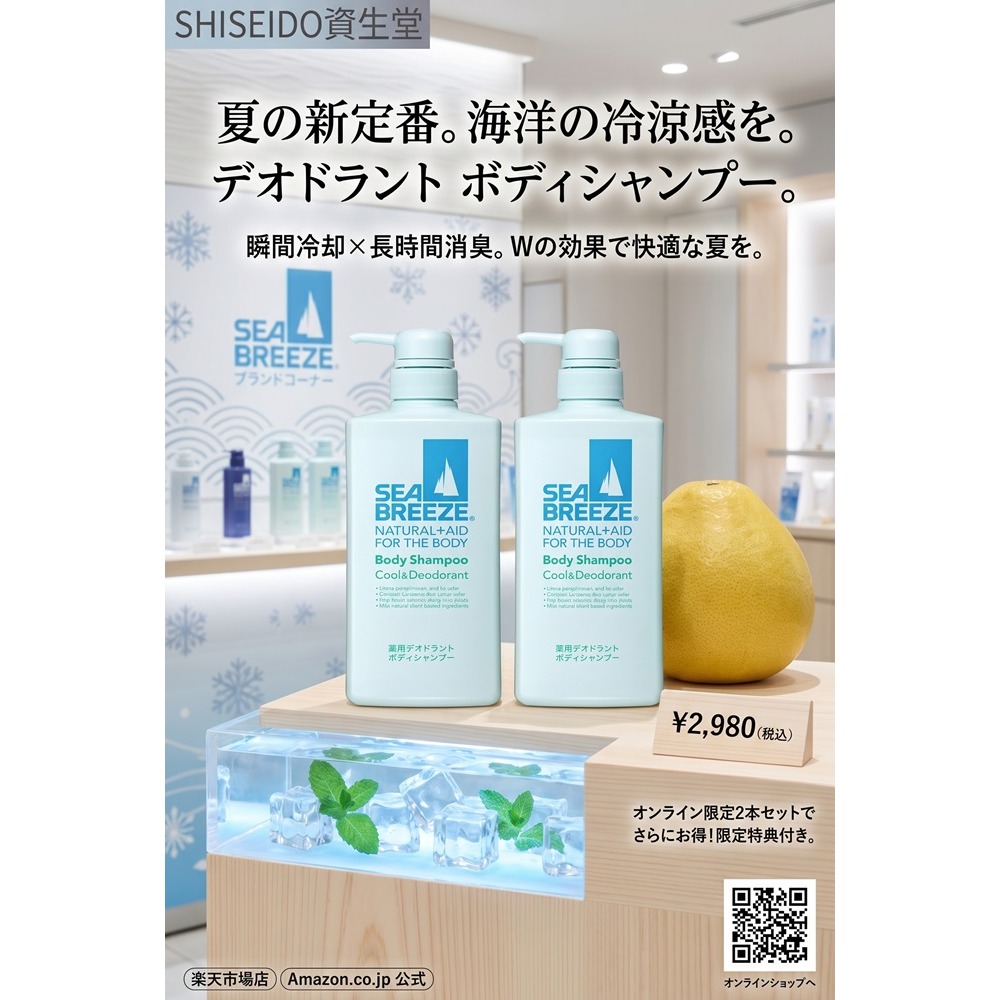 日本資生堂 體表溫度瞬間 -5℃海風涼感沐浴乳(2瓶一組)特價-細節圖2