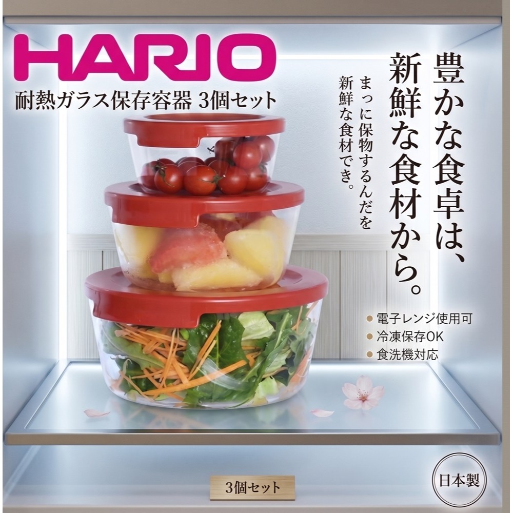 日本 HARIO圓形耐熱玻璃保鮮盒 3 件組(白.紅)兩色-細節圖5