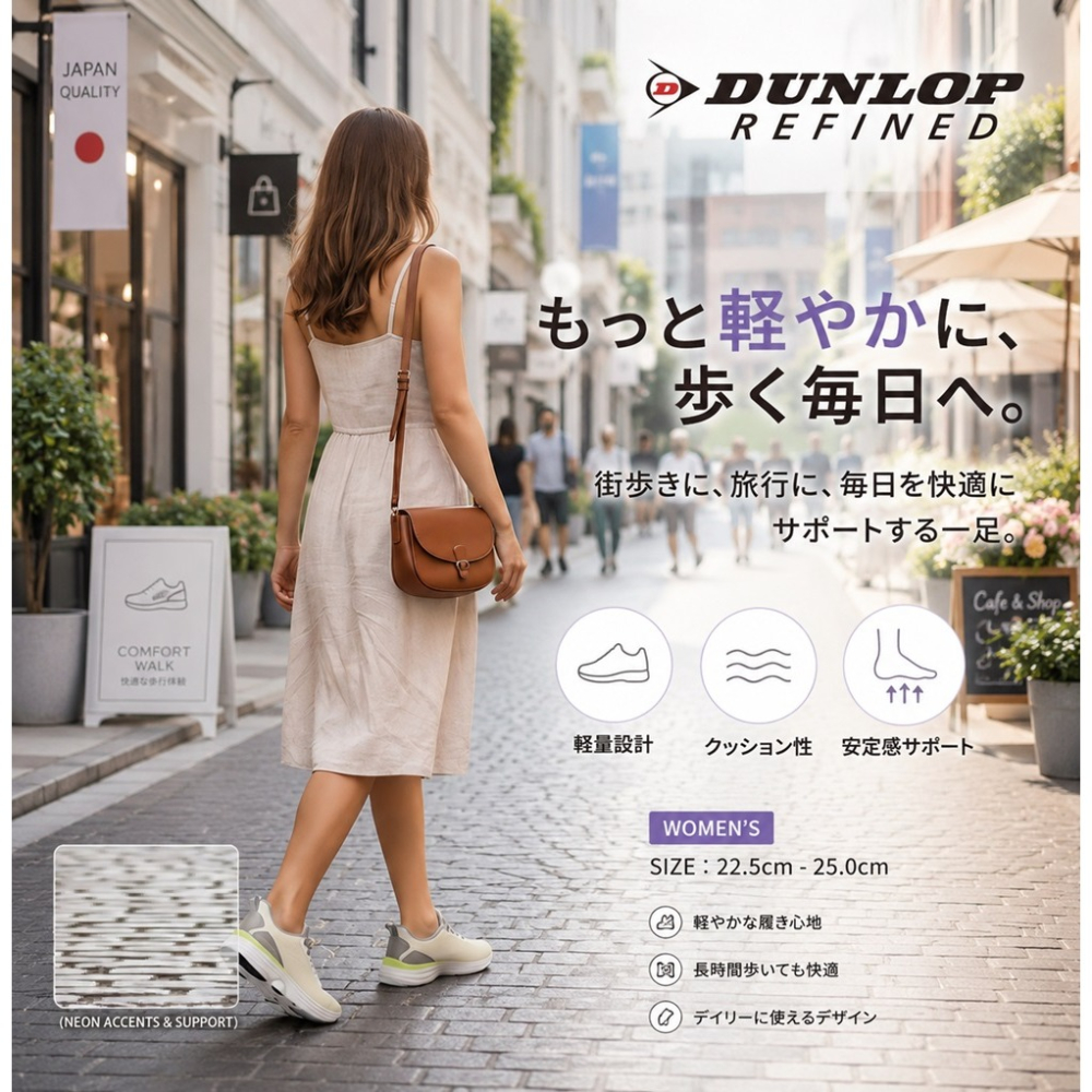 日本 DUNLOP寬楦輕量鞋不擠腳超透氣穩定安全好穿搭休閒鞋(米.黑)兩色-細節圖3