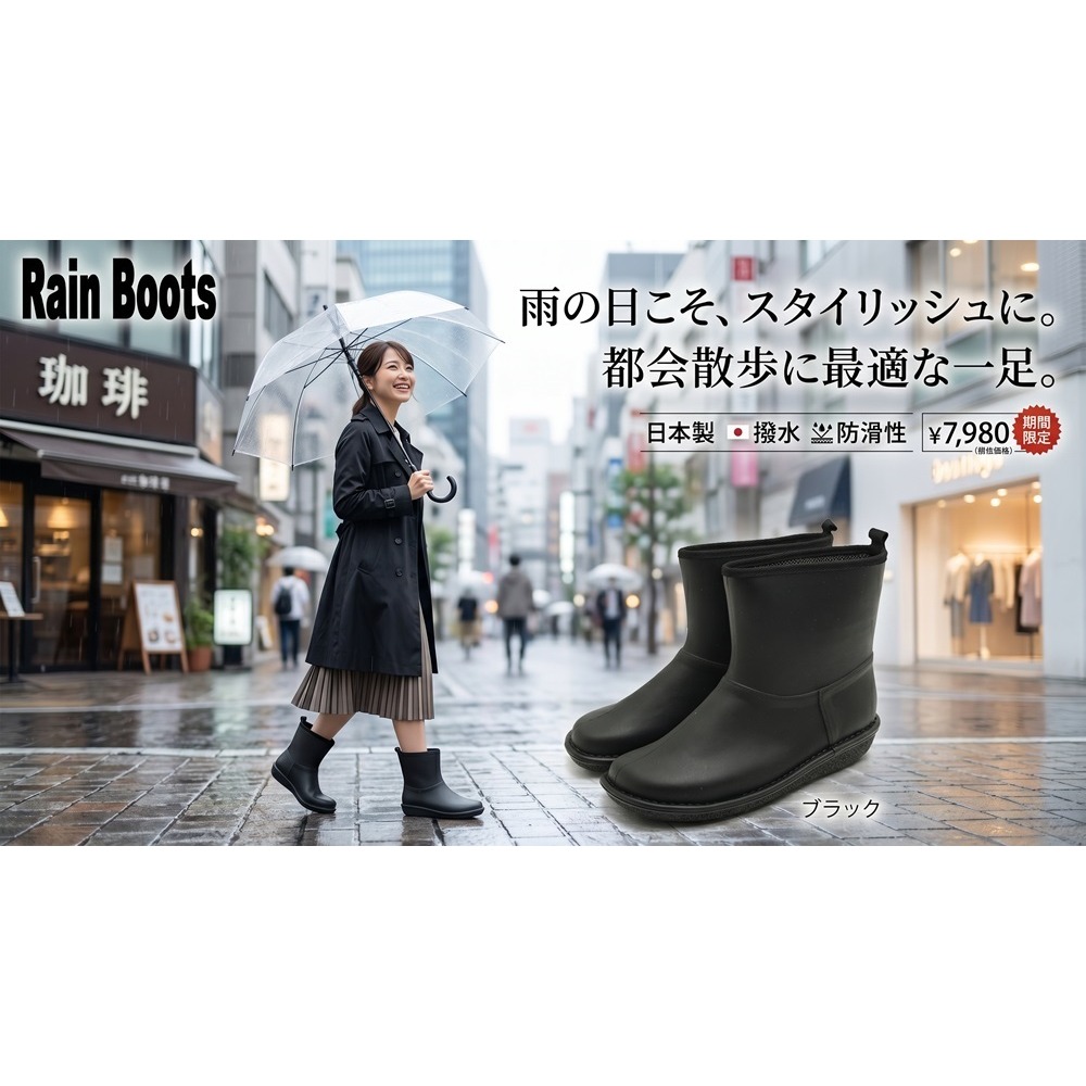 日本RAIN極致舒適 完全防水抗菌時尚短筒雨靴(黑.灰.綠)三色-細節圖2