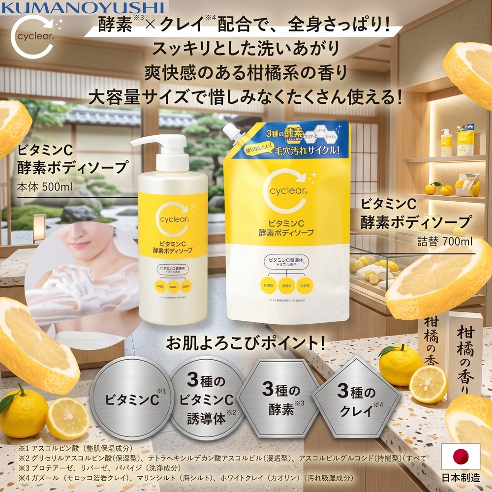 日本熊野 cyclear 維他命C酵素沐浴乳(兩瓶一組)-細節圖3
