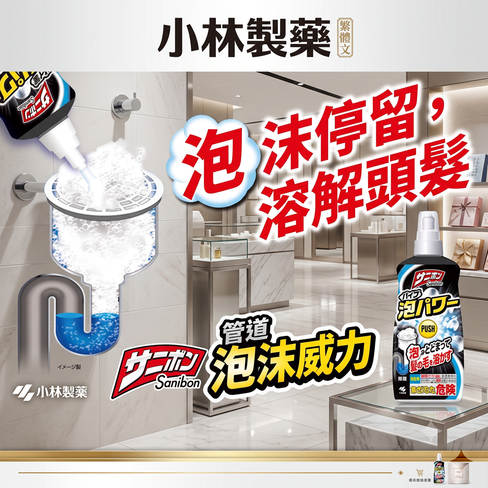 日本小林製藥 排水口黑斑黏液油垢一噴蒸發泡沫水管疏通清潔劑2入組特價-細節圖3