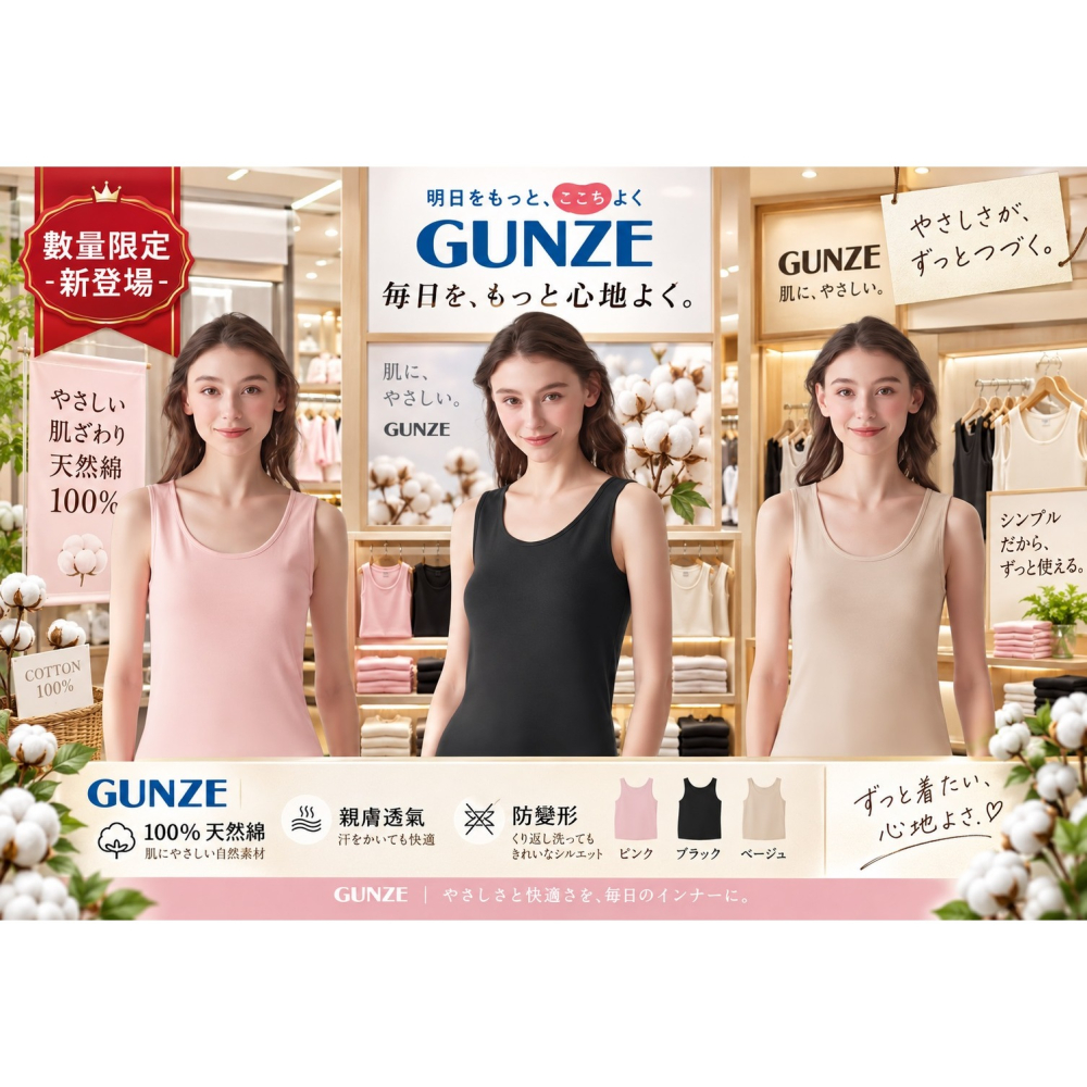 日本 GUNZE 告別汗味與汙漬 消臭機能背心(黑.膚.粉)三色-細節圖2